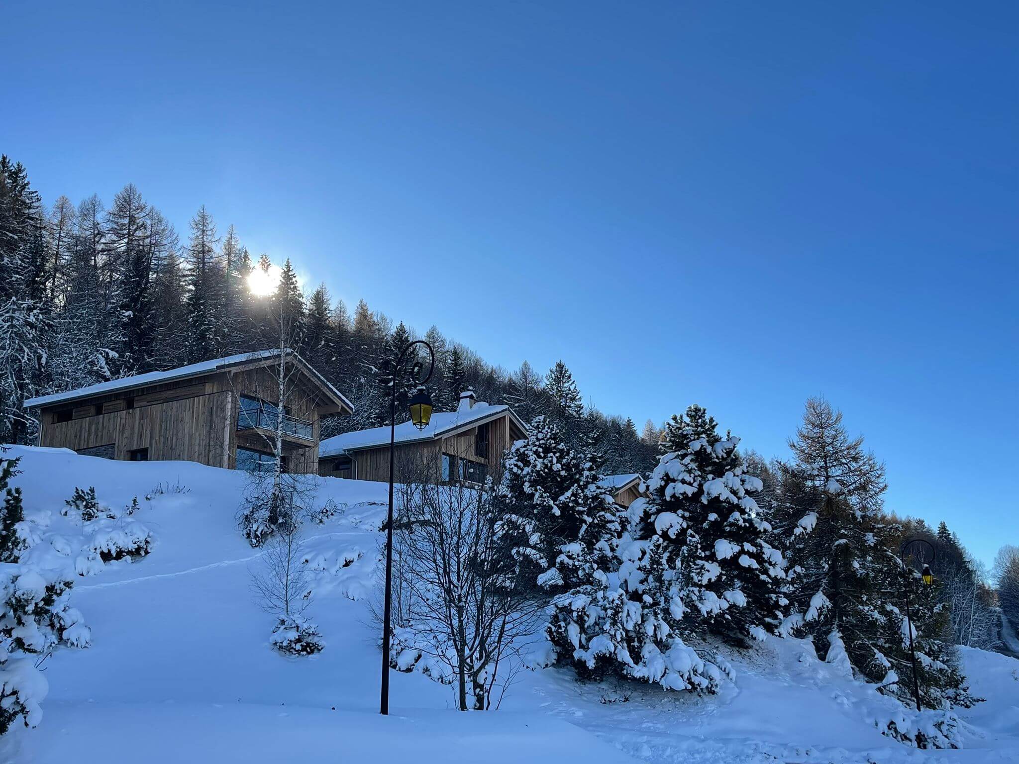 Chalet ASTRO La Plagne Montalbert - Chalet au crépuscule dans les mélèzes enneigés