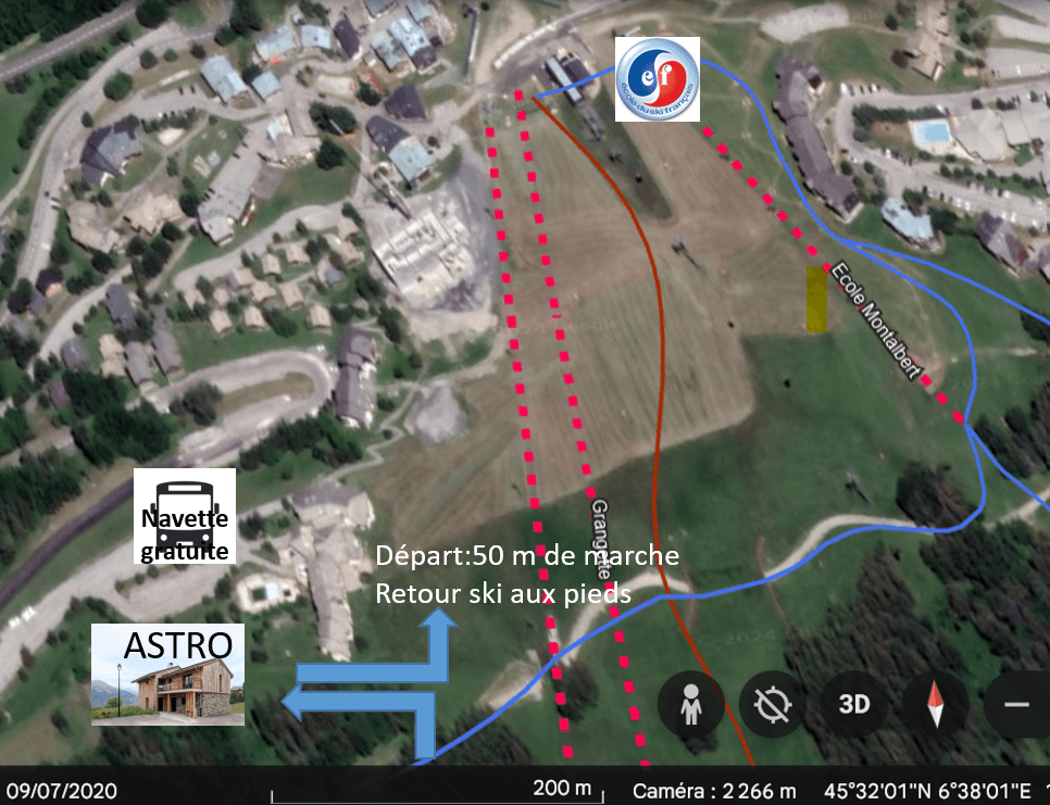 Plan d'accès depuis le Chalet ASTRO vers l'école de ski ESF Montalbert - 50 mètres à pied à l'aller, retour ski aux pieds